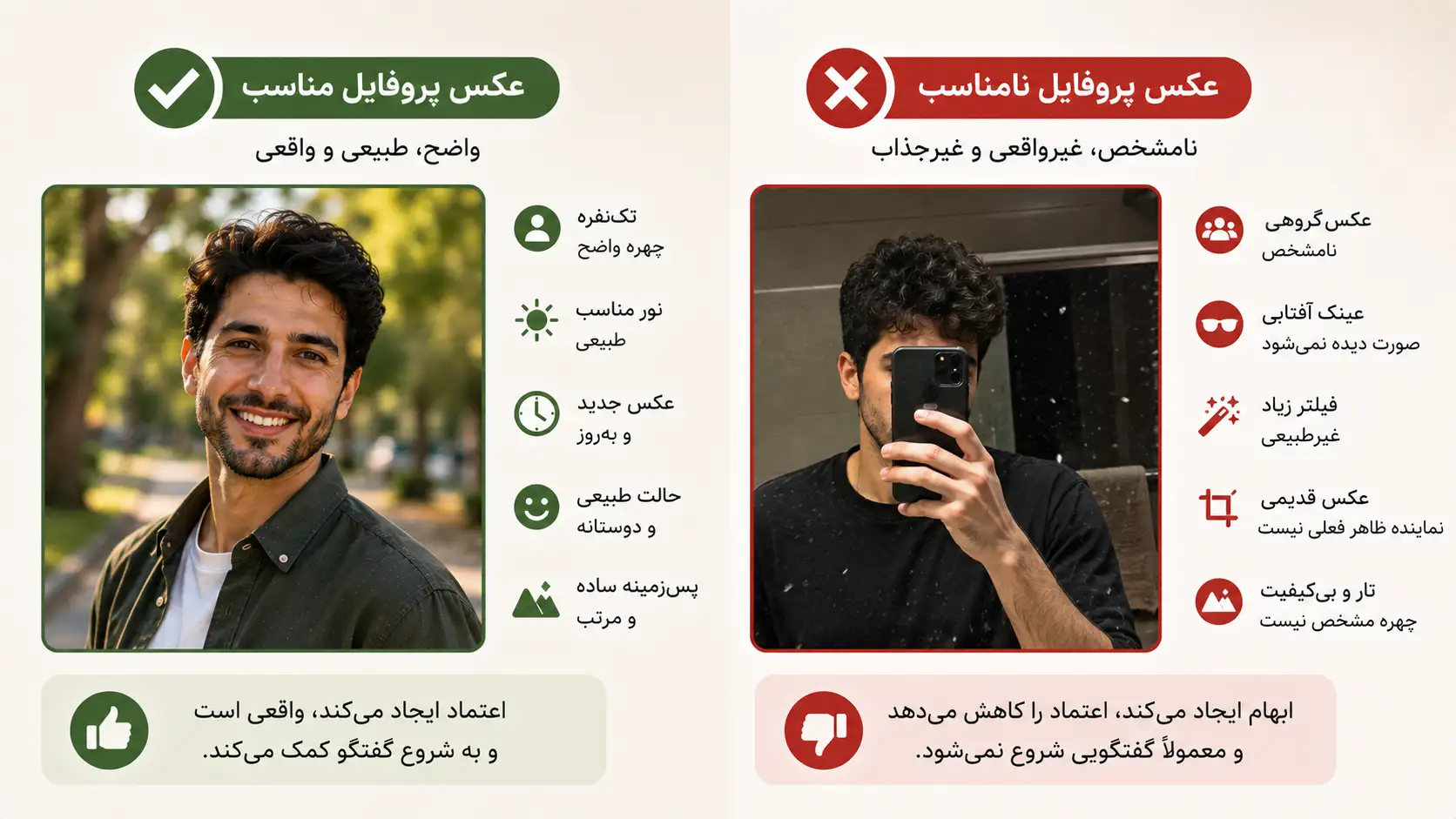 تفاوت عکس پروفایل مناسب و نامناسب برای دوستیابی
